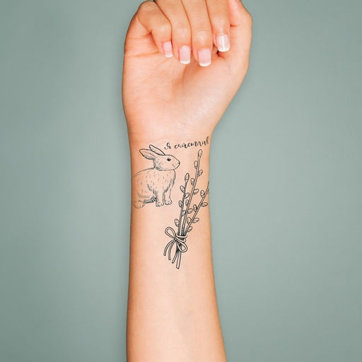 Цена за 3 шт. Переводные тату чёрные Кролики и верба, временные татуировки, 10?10 см - Арт узор фото 3