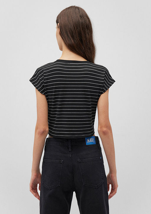 Siyah Cizgili Basic Tisort - Mavi фото 4