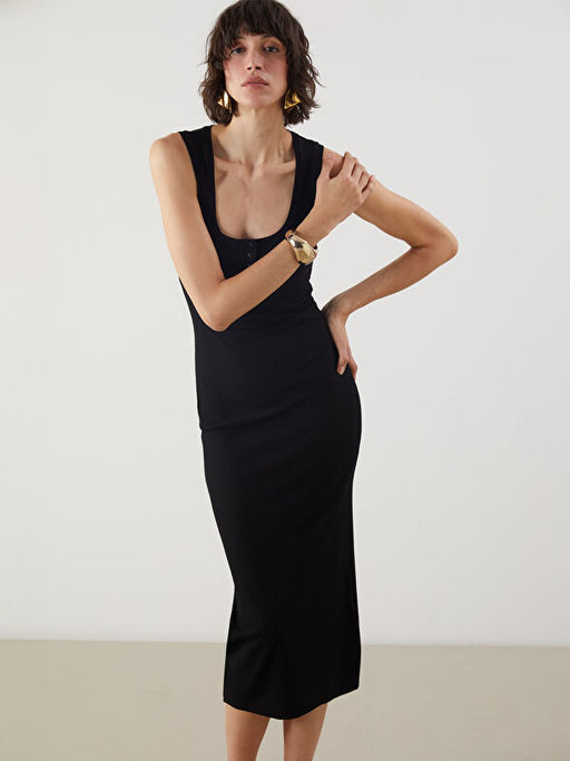 U Yaka Dokulu Bodycon Elbise