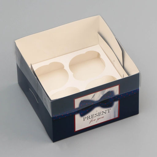 Цена за 5 шт. Коробка для 4 капкейка с прозрачной крышкой, Мужской подарок, 16?16?10 см