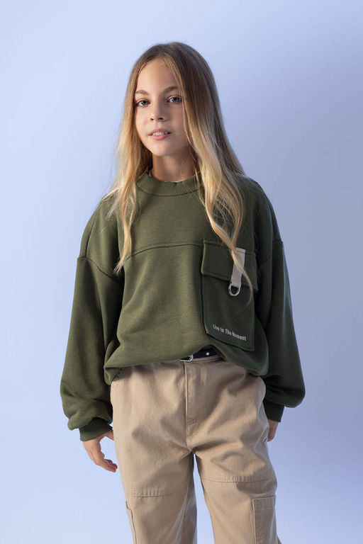 Толстовка оверсайз с карманами и принтом для девочек - Defacto фото 3