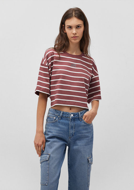 Mavi Logo Bask?l? Bordo Cizgili Crop Tisort  фото 2