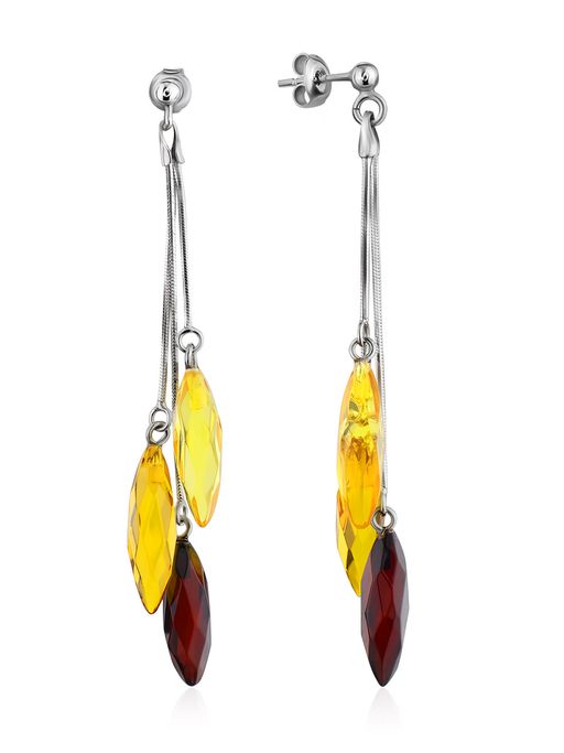 Янтарные серьги Алмазная грань трехцветная на цепочке с застежкой-пусетой