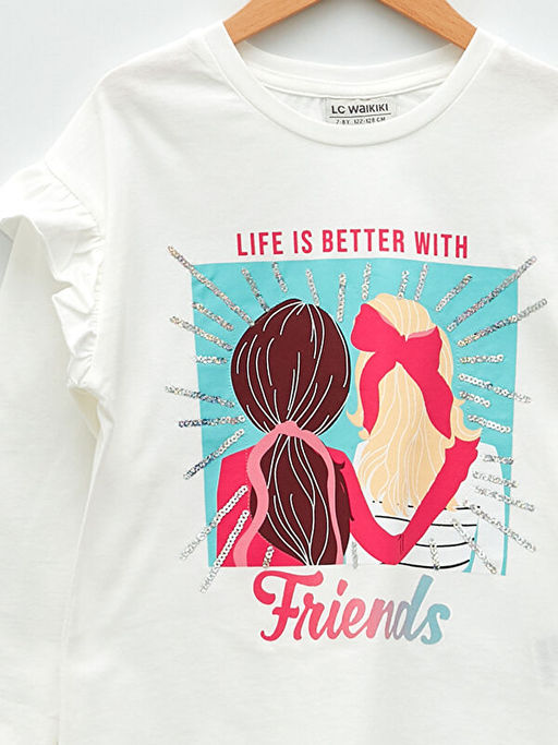 Bisiklet Yaka Bask?l? Uzun Kollu Pamuklu K?z ?ocuk Ti??rt - Waikiki фото 3