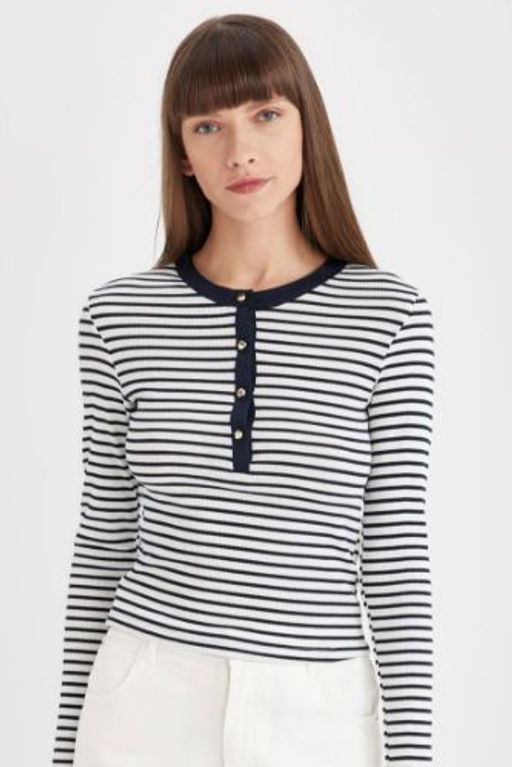 Slim Fit Dar Kesim Bisiklet Yaka Cizgili Fitilli Kaskorse Dugmeli Uzun Kollu Tisort