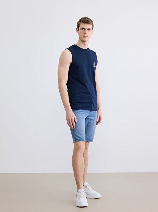 Bisiklet Yaka Bask?l? Erkek Kolsuz Ti??rt