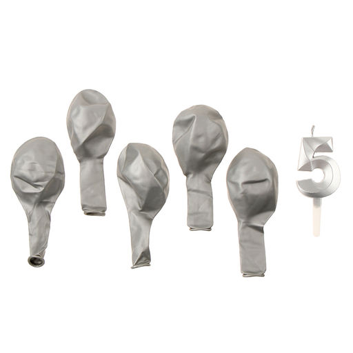 Свеча для торта, цифра 5 + воздушные шары, 5 шт, серебро - Страна карнавалия фото 3