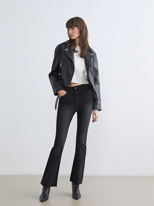 G?mlek Yaka Kad?n Deri G?r?n?ml? Ceket