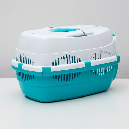 Переноска для животных до 9 кг Пижон, металлическая дверь, 43х29х27,5 см, бело-бирюзовая  фото 4