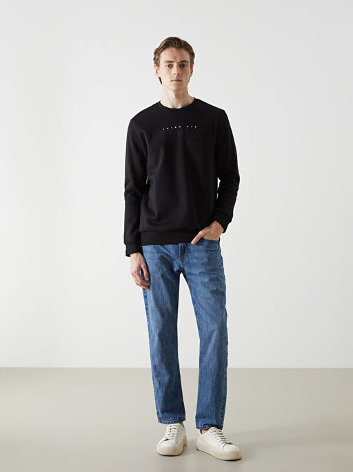 Bisiklet Yaka Bask?l? Erkek Kal?n Sweatshirt