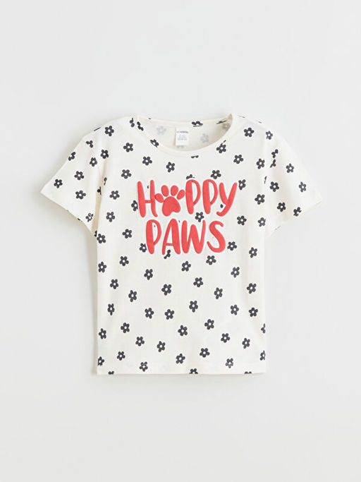 Bisiklet Yaka Bask?l? ve Desenli K?z ?ocuk Ti??rt