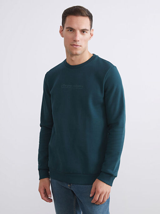 Bisiklet Yaka Bask?l? Erkek Kal?n Sweatshirt