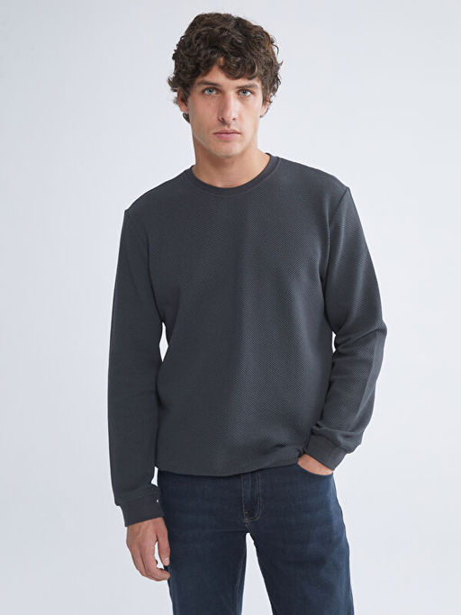 Bisiklet Yaka Uzun Kollu Erkek Dokulu Sweatshirt