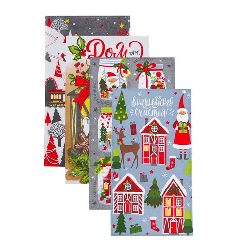 Набор новогодних кухонных полотенец Доляна Волшебство 35?60 см-4 штуки, 100% хлопок