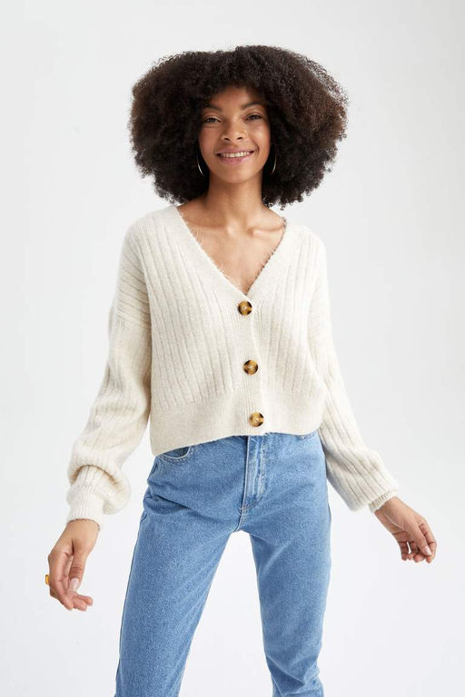 Кардиган стандартного кроя с V-образным вырезом - Defacto фото 3