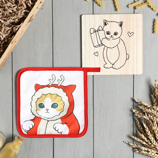 Кухонный набор «Котик»: подставка 15×15 см, прихватка 17×17 см