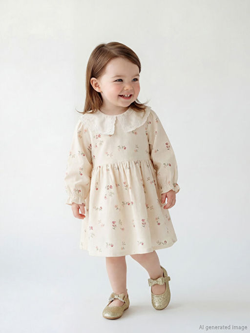 Bebe Yaka ?i?ek Desenli K?z Bebek Gabardin Elbise