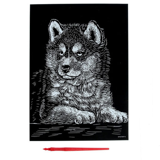 Цена за 3 шт. Гравюра «Щенок хаски» с металлическим эффектом «серебро» А4