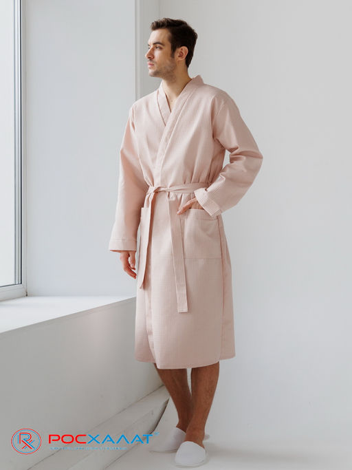 Мужской вафельный халат с планкой бежевый В-03 (31)