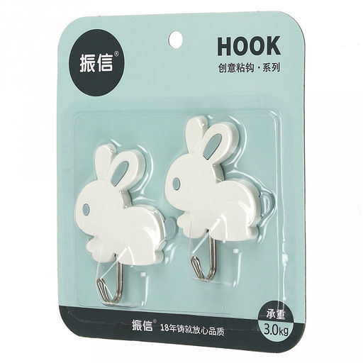 Крючок на липучке "Зайчик" металлический с пластмассовым основанием, 2 штуки 5,8х7,8х2см, в блистере, цвета в ассортименте: розовый, фисташковый, мятный (Китай)
