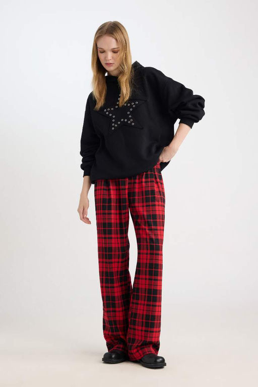 Прохладные широкие брюки Широкие брюки в клетку с карманами на талии Эластичные пижамные брюки с нормальной талией - Defacto фото 2