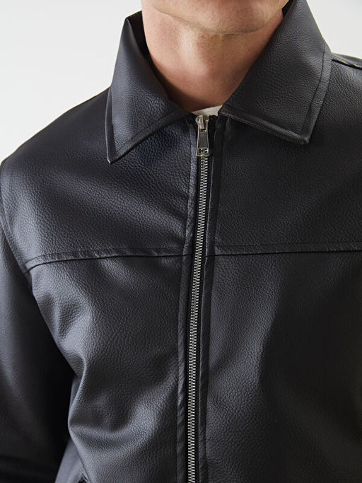 Slim Fit G?mlek Yaka Erkek Deri G?r?n?ml? Mont