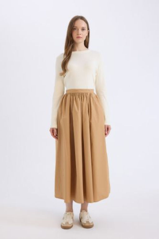 A Kesim Beli Fermuarl? Basic Duz Poplin Kumas Maxi Etek