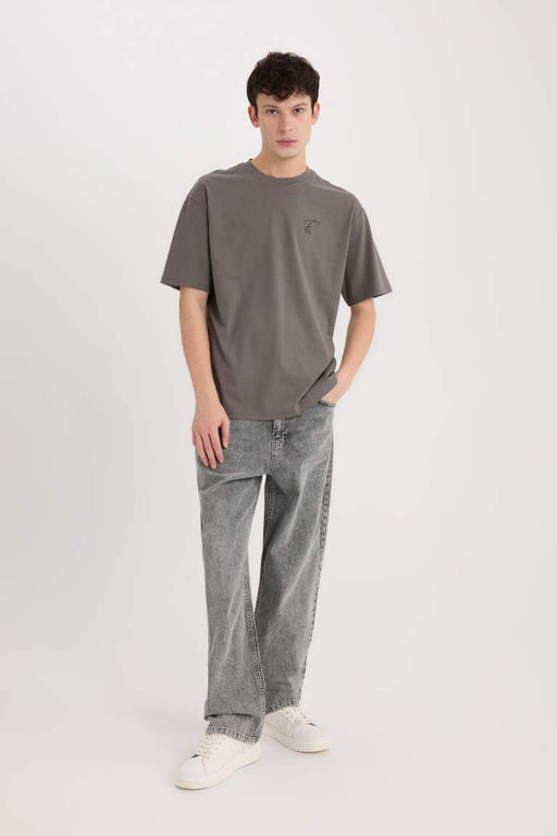 Comfort Fit Bisiklet Yaka S?rt Bask?l? K?sa Kollu Tisort - Defacto фото 3