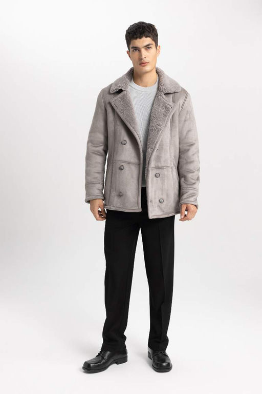 Замшевое пальто с плюшевой подкладкой и воротником-жакетом Slim Fit - Defacto фото 2