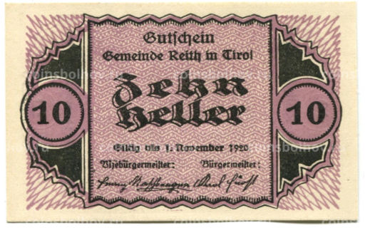 10 геллеров 1920 года Австрия Райт (нотгельд)