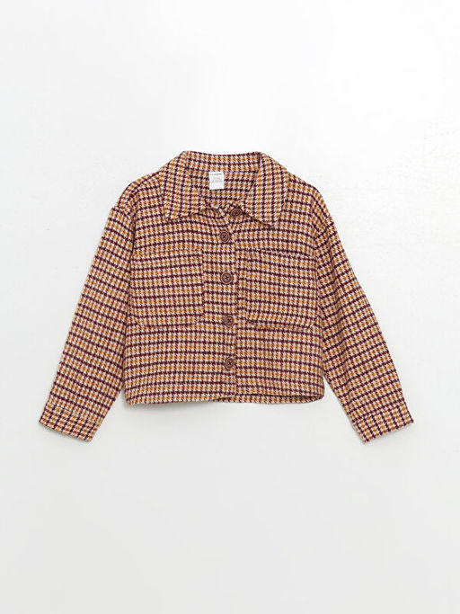 Uzun Kollu Crop Ekose Desenli K?z ?ocuk Ceket