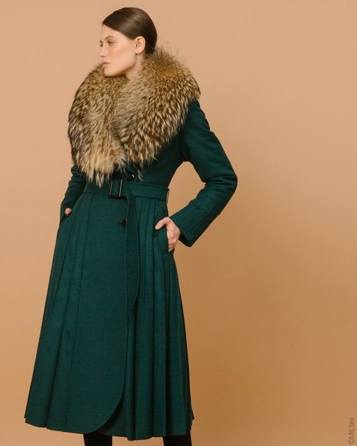 Зимнее шерстяное пальто с юбкой гофре макси, изумрудное. Арт. 322у