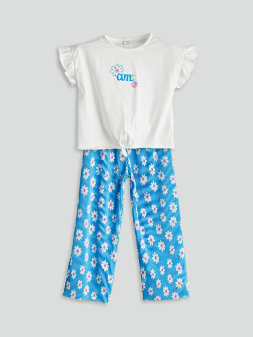 Bisiklet Yaka ?i?ekli K?z ?ocuk Ti??rt ve Tayt 2li