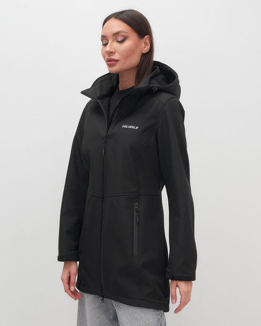 Парка спортивная женская с капюшоном softshell черного цвета 9568Ch
