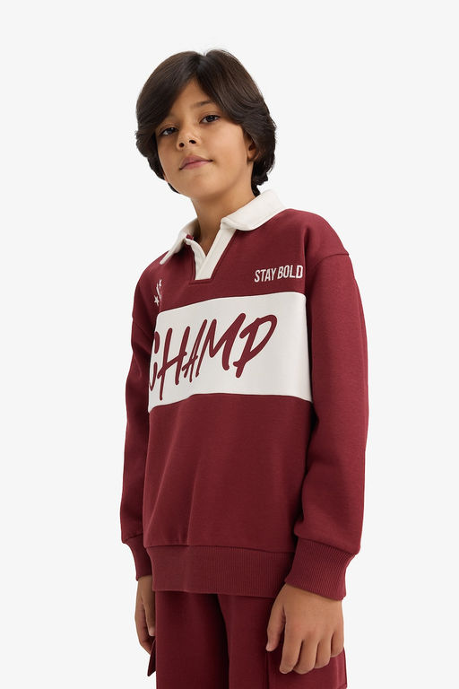 Oversize Geni_ Kal_p Polo Yaka Bask_l_ __i Yumu_ak T_yl_ Sweatshirt Erkek _ocuk - Defacto фото 3