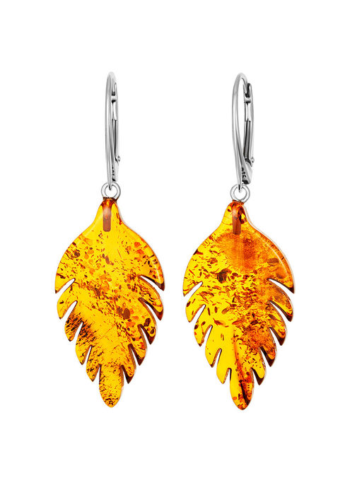 Серьги со вставками из натурального цельного янтаря Листочки