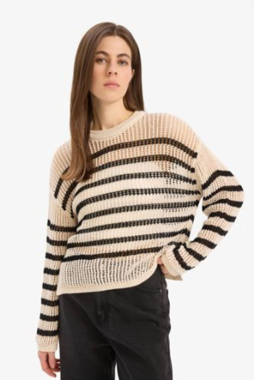 Regular Fit Bisiklet Yaka Cizgili Triko Kazak