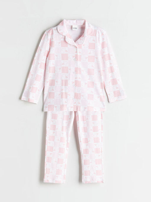 G?mlek Yaka Bask?l? K?z ?ocuk Pijama Tak?m?