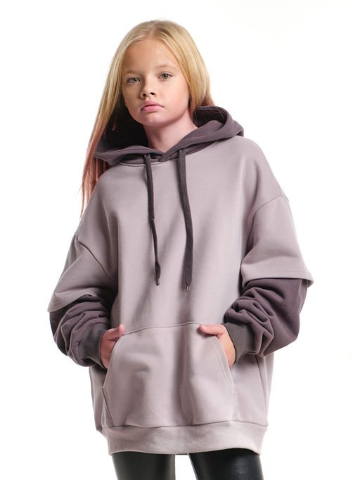 Худи джемпер с начесом с комбинированными рукавами 33-7481 беж/кофе - Mini maxi фото 5