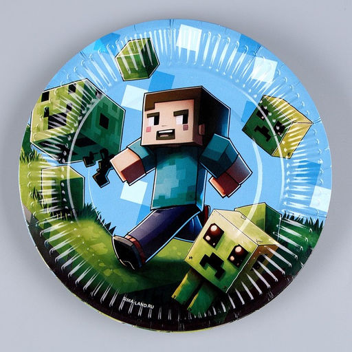 Набор бумажной посуды Майнкрафт: 6 тарелок, 1 гирлянда, 6 стаканов, 6 колпаков - Страна карнавалия фото 2