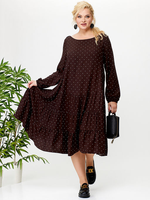 Платье из вискозы коричневое в горошек - Almond фото 2