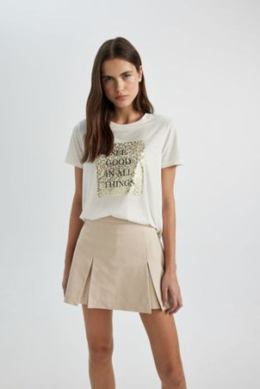 Regular Fit Bisiklet Yaka Leopar Bask?l? K?sa Kollu Tisort