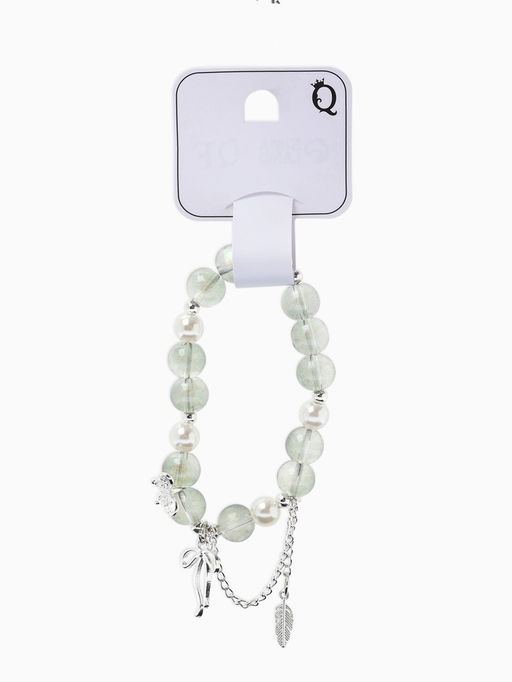 Браслет с подвесками "Сахарный" перо, бант, шар №10/8, цвет серый радужный в серебре