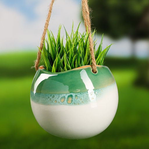 Кашпо для цветов «Круглое», 11×11×9 см, керамика, подвесное, зелёное, белое