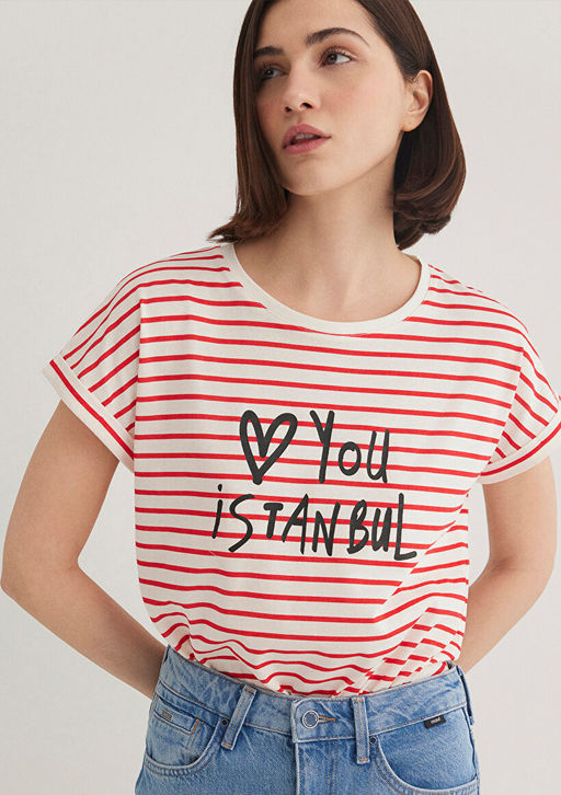 Love You Bask?l? Cizgili Istanbul Tisort - Mavi фото 2