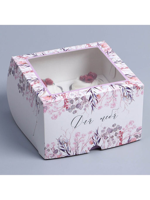 Цена за 5 шт. Коробка подарочная для 4 капкейков «Венок», 16×16×10 см, с окном