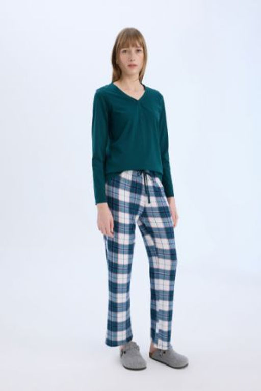 Fall in Love Pijama Tak?m? Regular Fit V Yaka Uzun Kollu Ust Kareli Uzun Alt