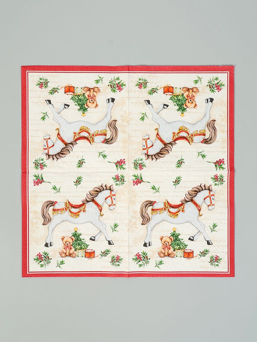 Цена за 5 шт. Салфетки бумажные трёхслойные «Новогодняя лошадка. кремовый фон», 24×24, 25 шт.