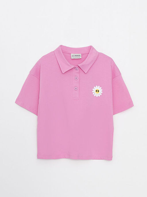 Polo Yaka Bask?l? K?sa Kollu Pamuklu K?z ?ocuk Ti??rt