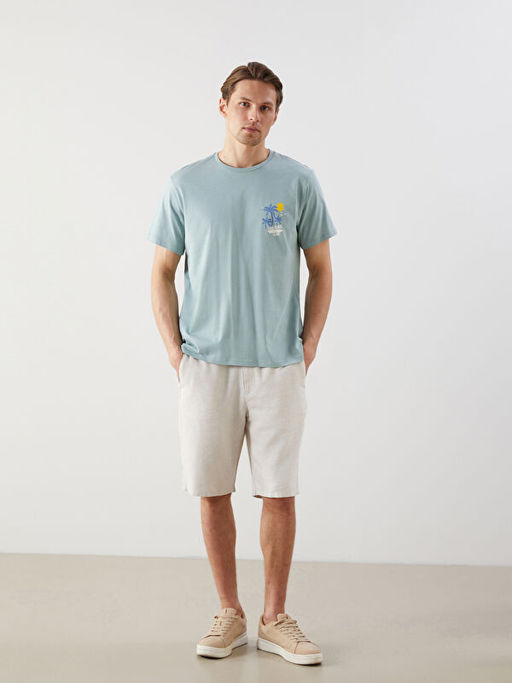 Bisiklet Yaka K?sa Kollu Bask?l? Penye Erkek Ti??rt